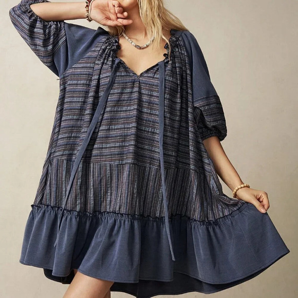 Multicolor Cute Women's Vacation Contrast Striped Ruffle Hem Tie Neck Dress - Picture 3 of 8